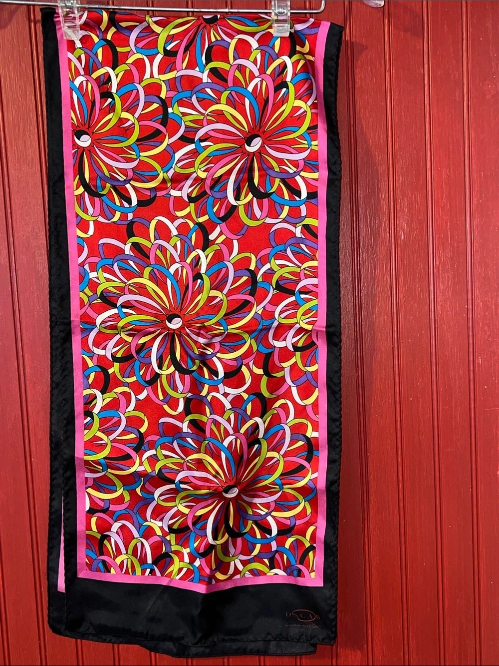 Vintage RARE Oscar de la Renta Red Multicolor Floral Loop Scarf